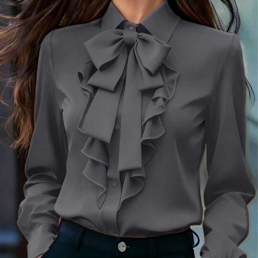 Elegant Gray Ruffle Bow Blouse